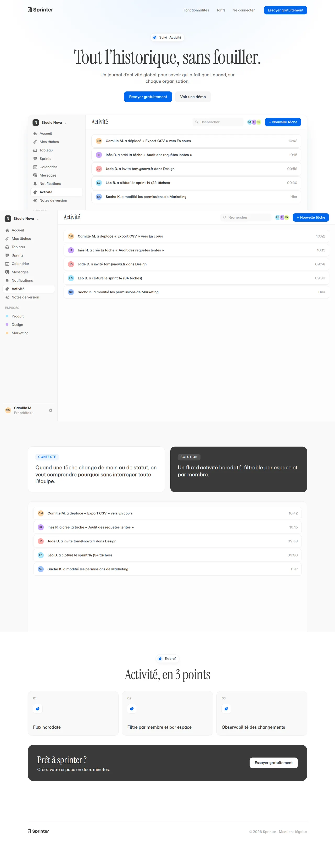 Activité dans Sprinter, vue ordinateur