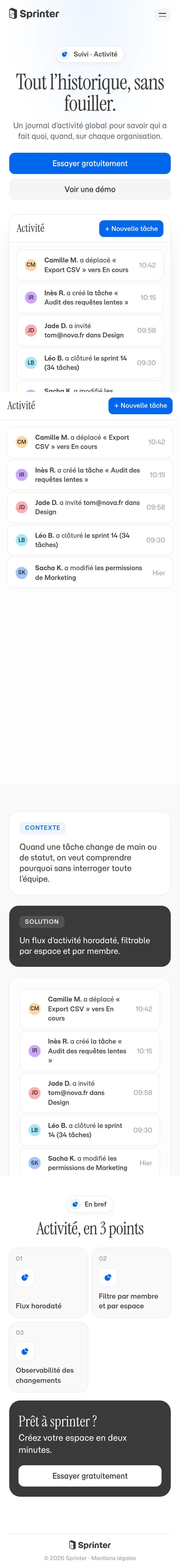 Activité dans Sprinter, vue mobile