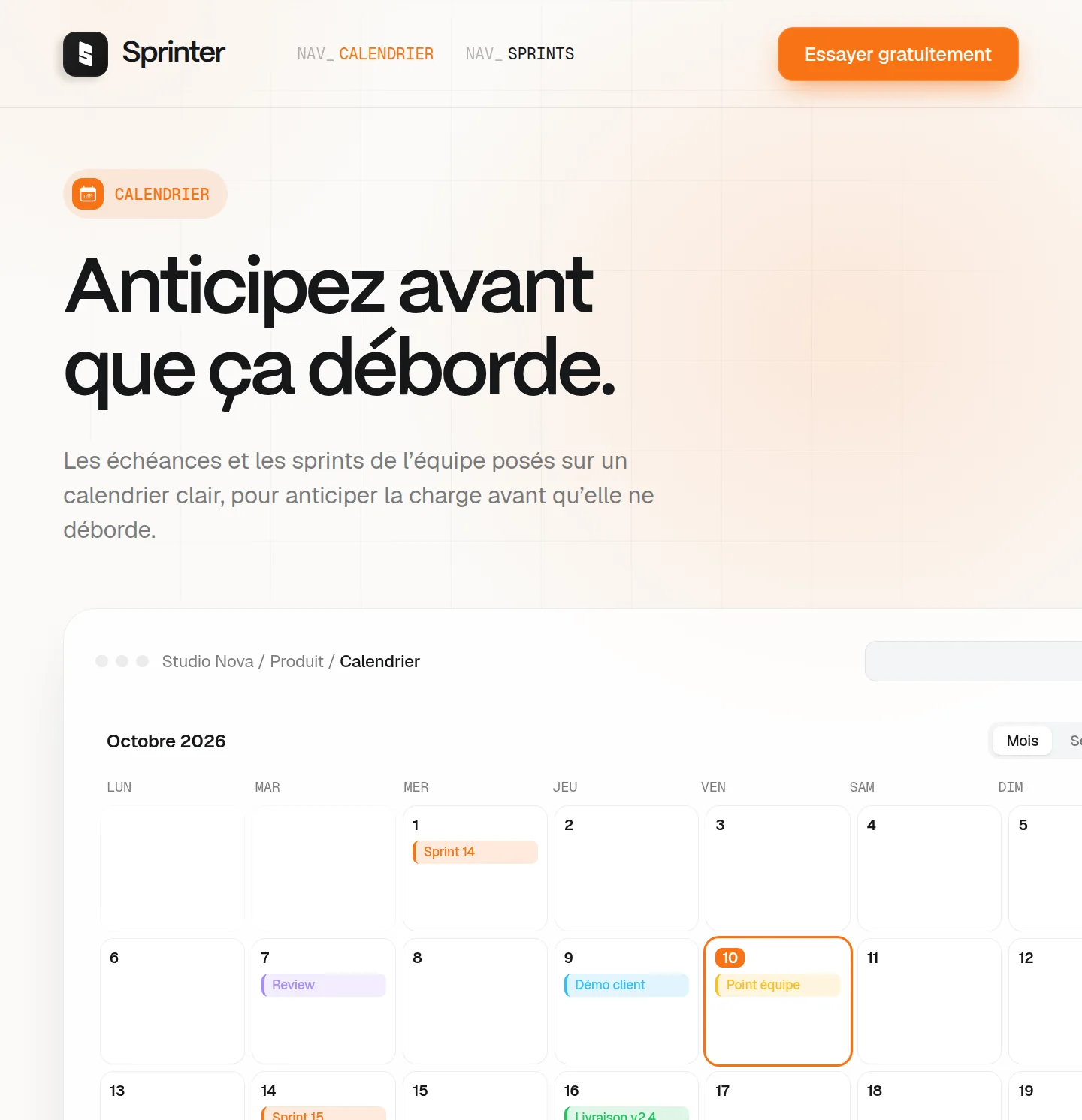 Écran Calendrier de Sprinter