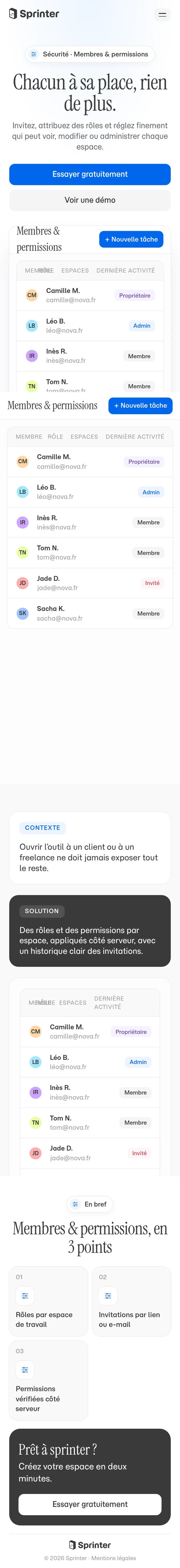 Membres & permissions dans Sprinter, vue mobile