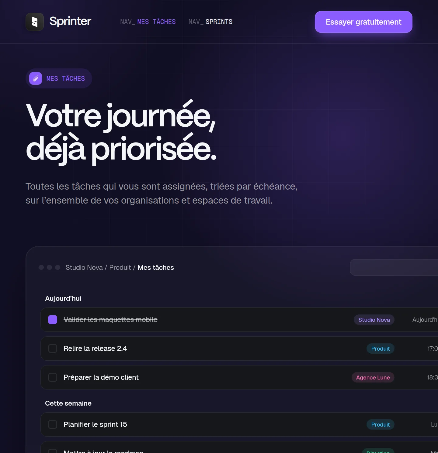 Écran Mes tâches de Sprinter