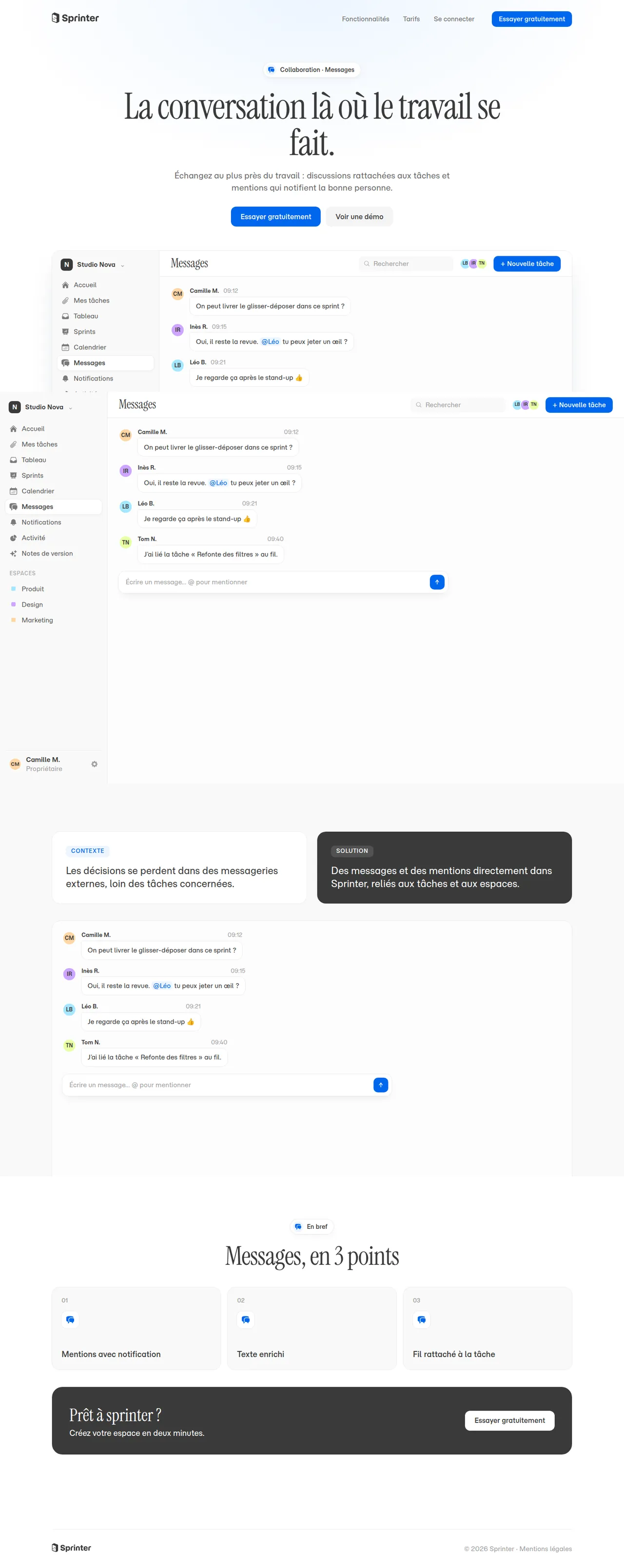 Messages dans Sprinter, vue ordinateur