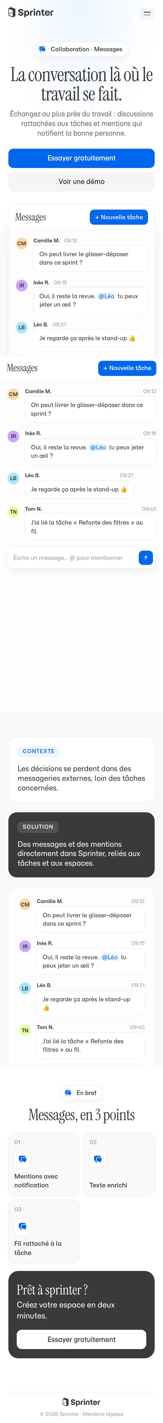 Messages dans Sprinter, vue mobile
