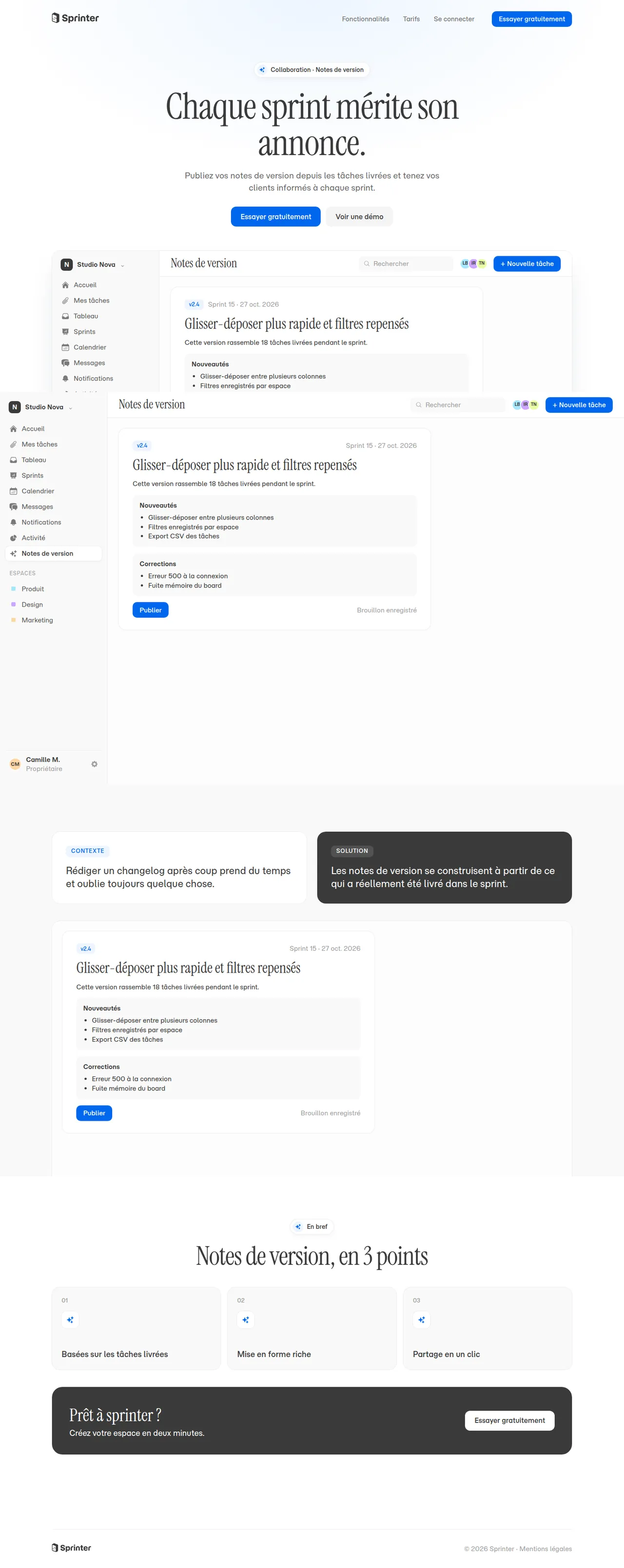 Notes de version dans Sprinter, vue ordinateur