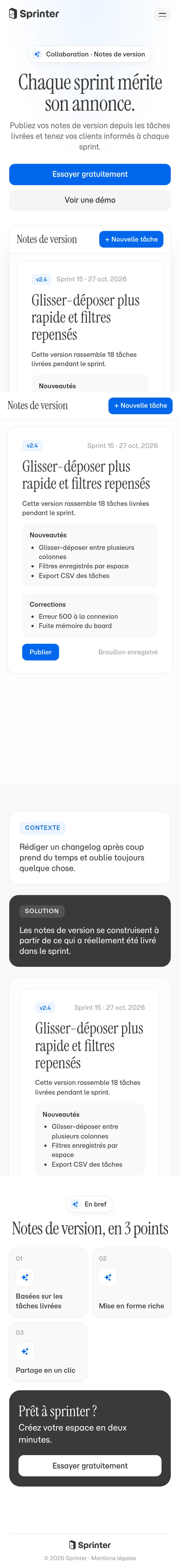 Notes de version dans Sprinter, vue mobile