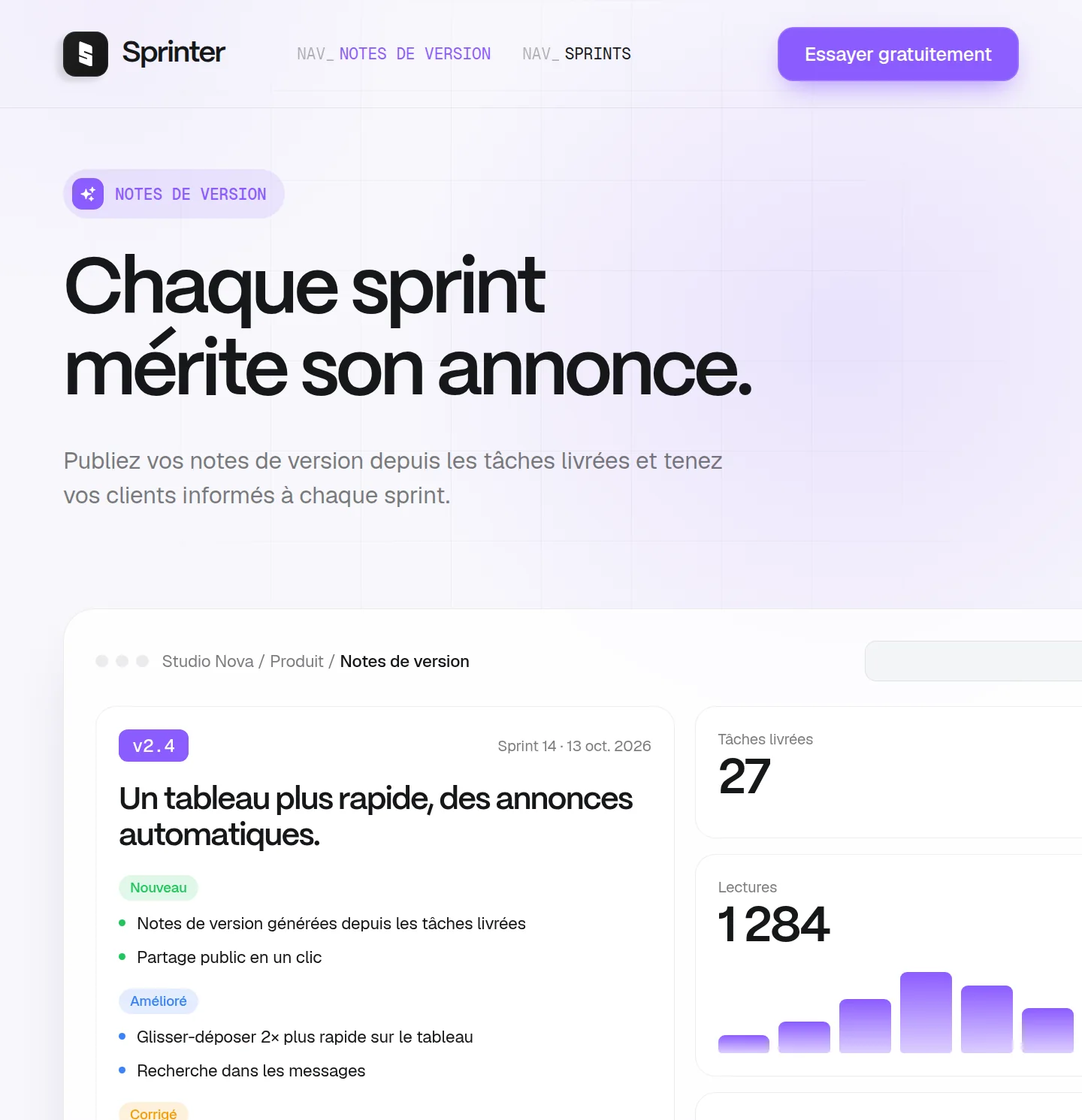 Écran Notes de version de Sprinter