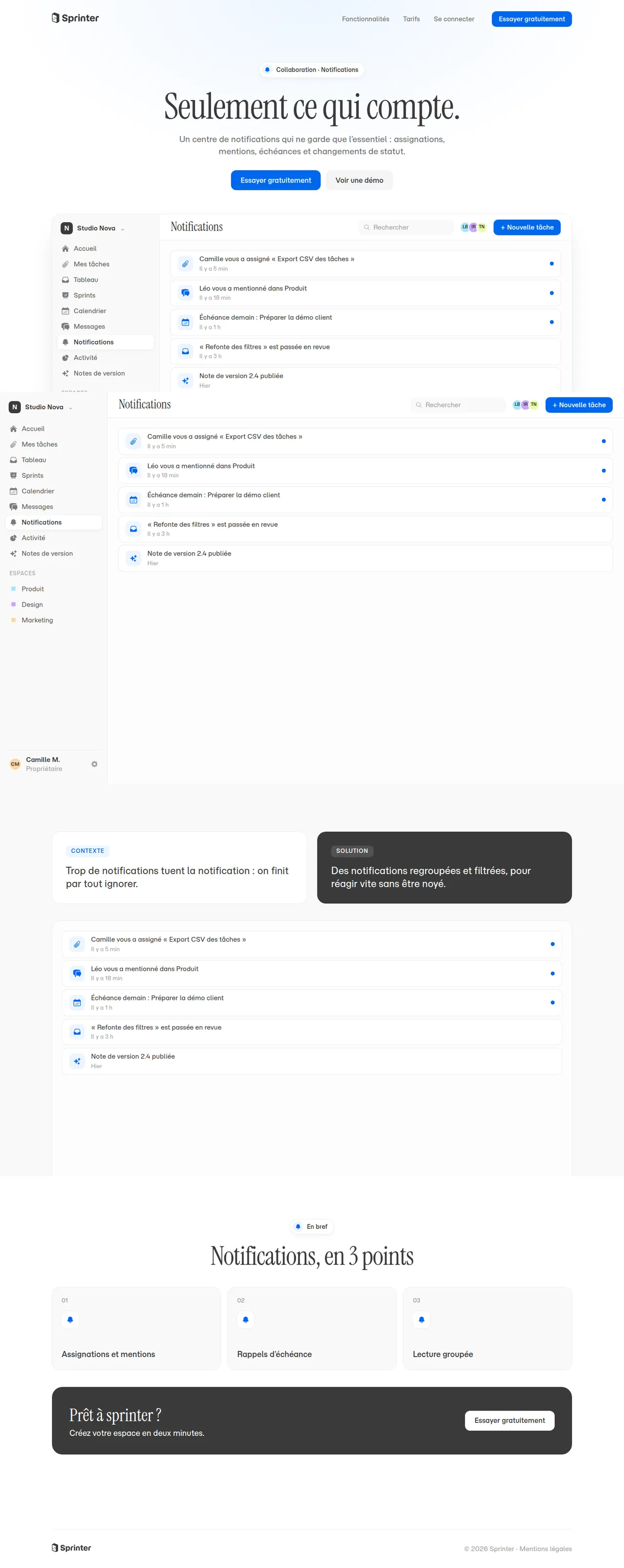 Notifications dans Sprinter, vue ordinateur