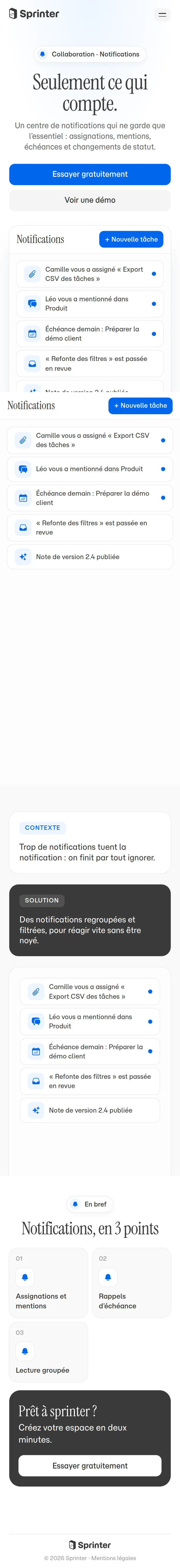 Notifications dans Sprinter, vue mobile