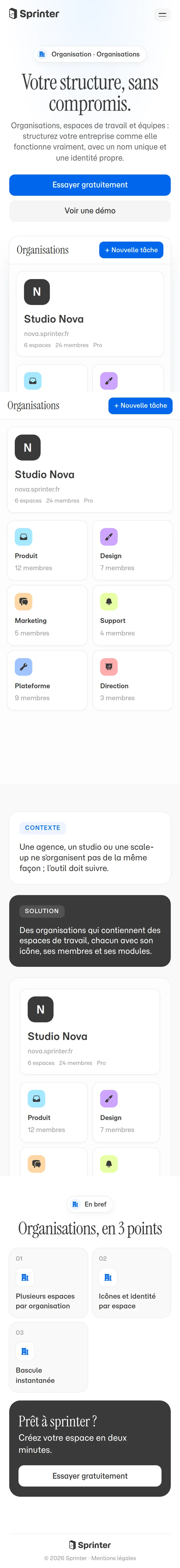 Organisations dans Sprinter, vue mobile