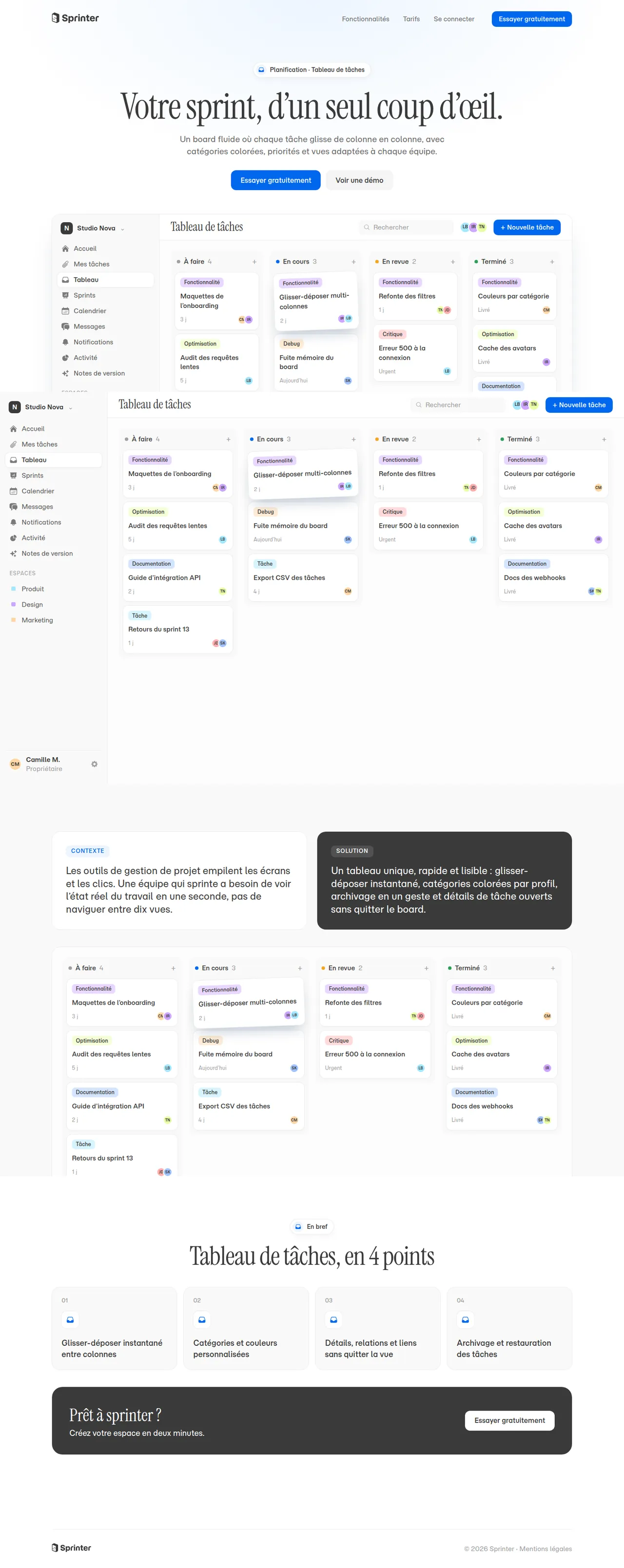 Tableau de tâches dans Sprinter, vue ordinateur