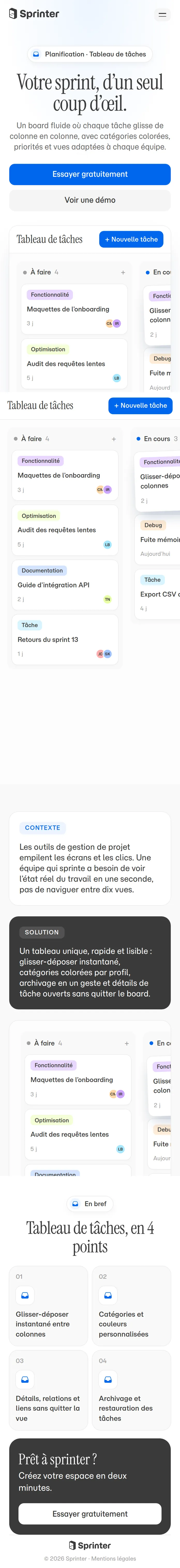 Tableau de tâches dans Sprinter, vue mobile